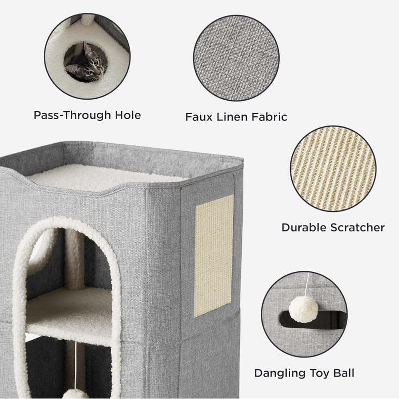 Indoor Cat Condo with Scratch Pad & Fluffy Ball - Grey