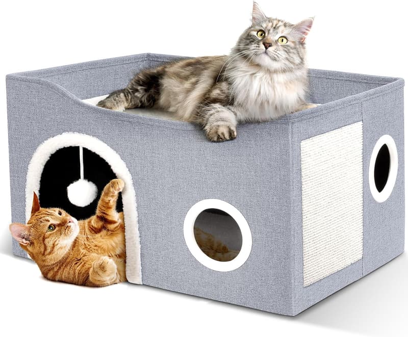 Indoor Cat House - Large Foldable Bed with Scratch Pad & Fluffy Ball