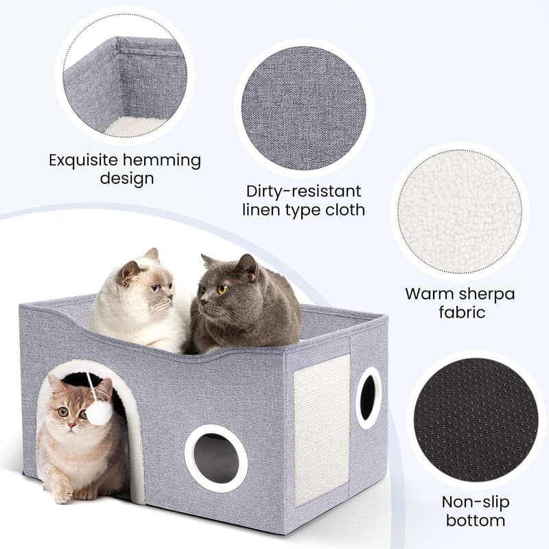 Indoor Cat House - Large Foldable Bed with Scratch Pad & Fluffy Ball