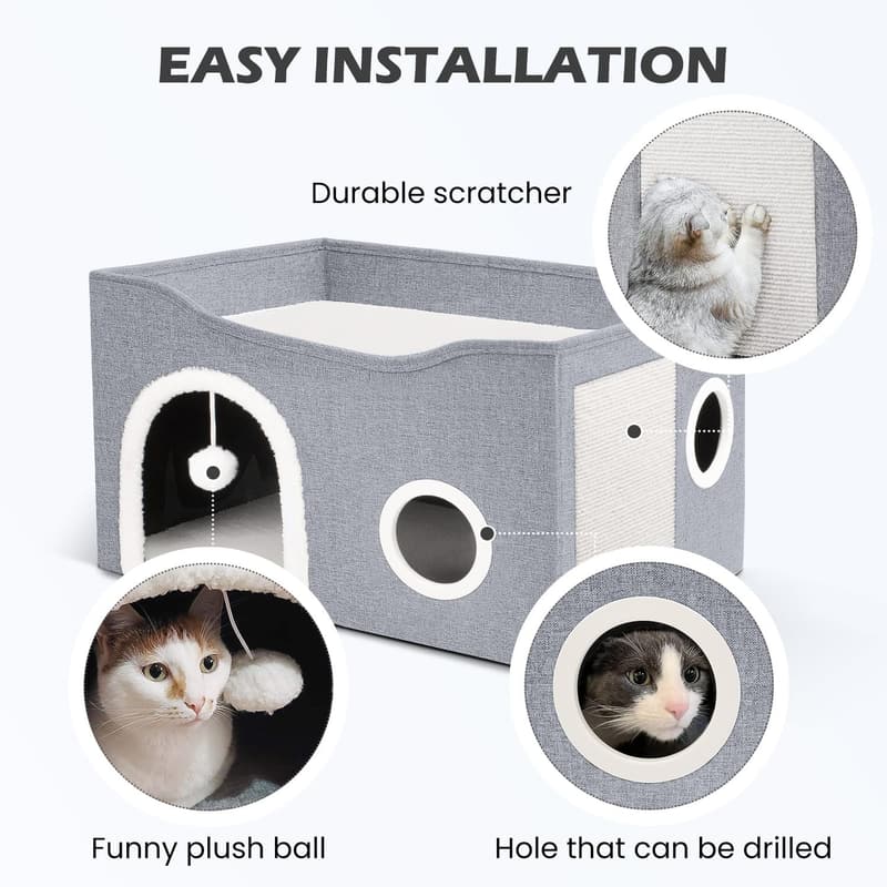 Indoor Cat House - Large Foldable Bed with Scratch Pad & Fluffy Ball