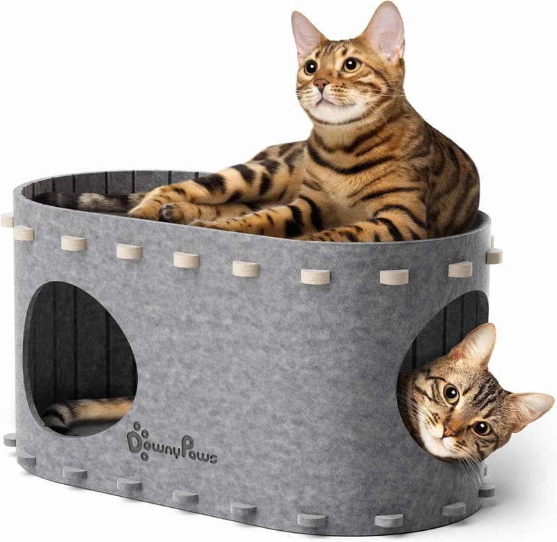 Large Indoor Cat Cave Bed - Scratch Resistant, Foldable Tunnel, Cream/Gray