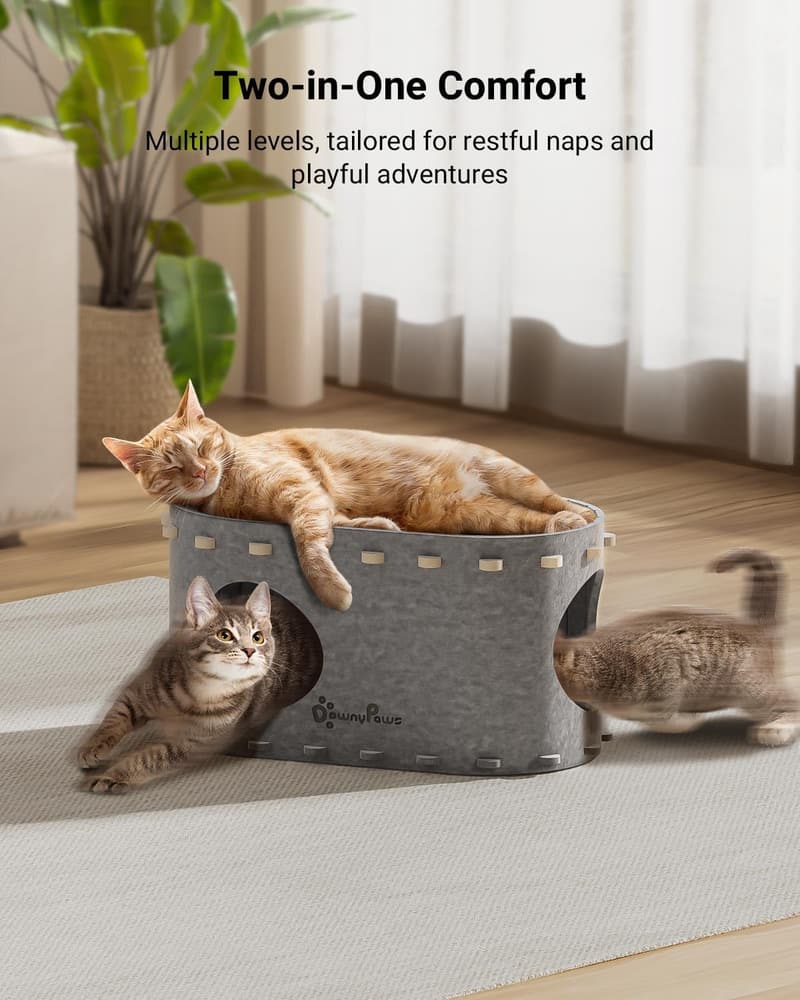 Large Indoor Cat Cave Bed - Scratch Resistant, Foldable Tunnel, Cream/Gray
