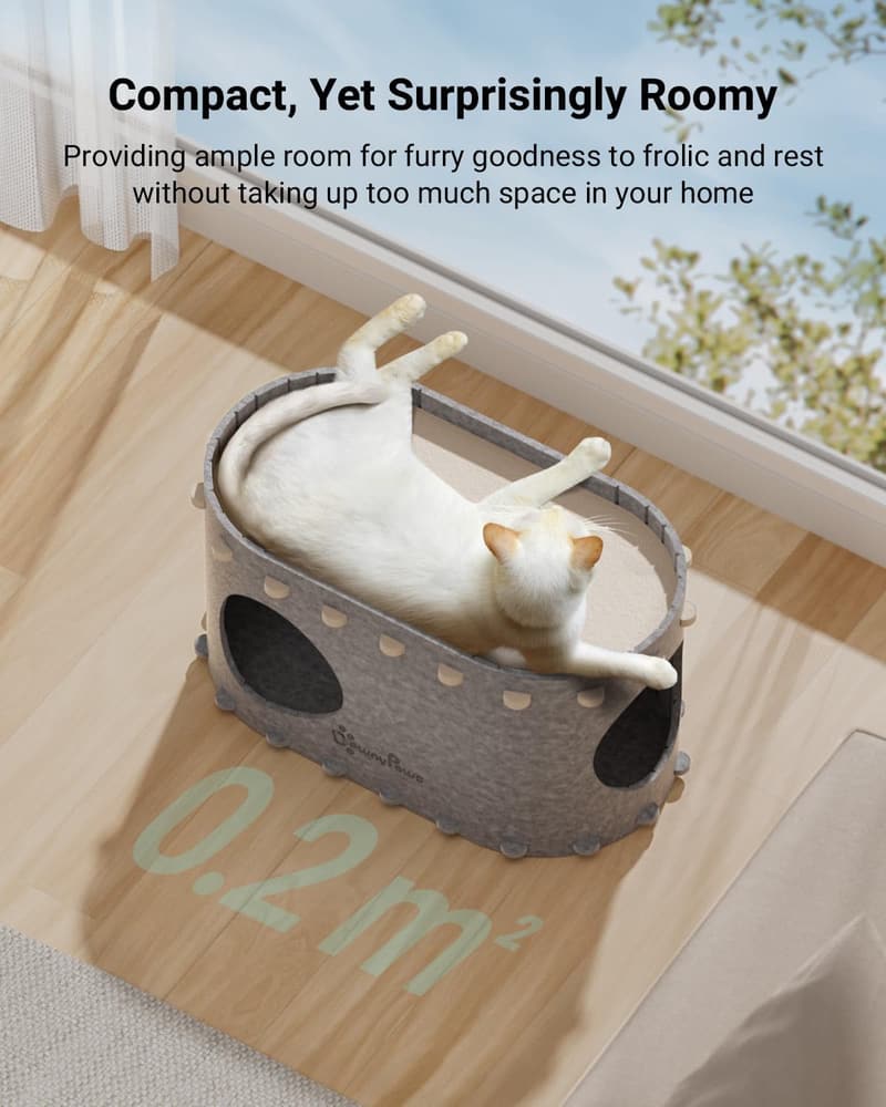 Large Indoor Cat Cave Bed - Scratch Resistant, Foldable Tunnel, Cream/Gray