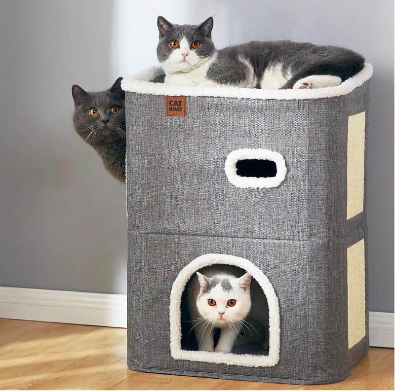 Indoor Cat House with Hideaway Cave & Scratch Pad - Grey