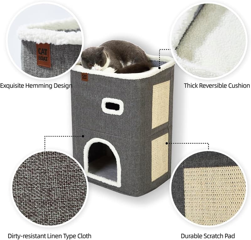 Indoor Cat House with Hideaway Cave & Scratch Pad - Grey