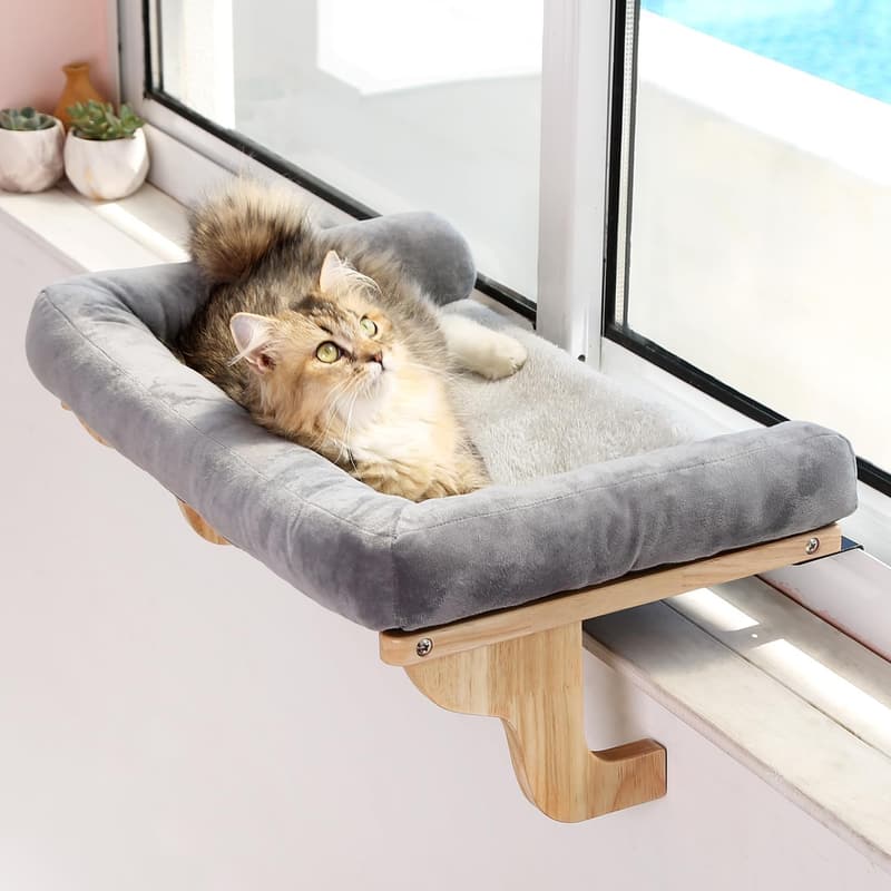 Orthopedic Cat Window Perch with Hardwood Frame - Gray Bed
