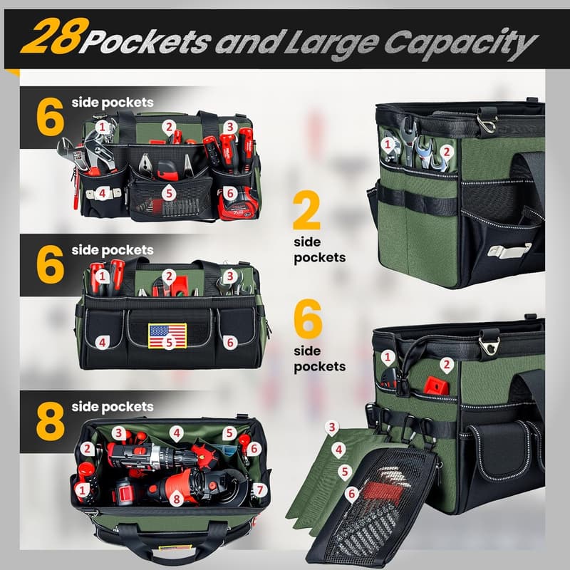 16-Inch Heavy-Duty Tool Bag with 28 Pockets & 4 Pouches