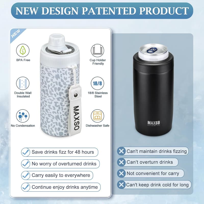 Leopard Insulated Can Cooler with Fizz Lid - 4-in-1 Design