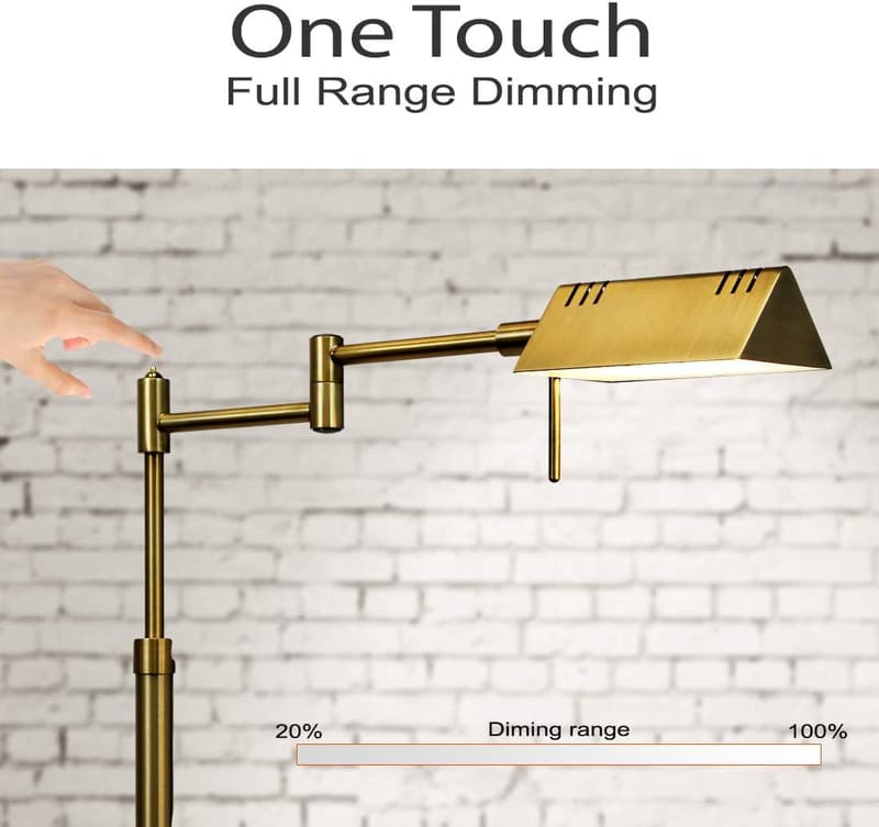Dimmable LED Pharmacy Floor Lamp - Adjustable Height, Antique Brass