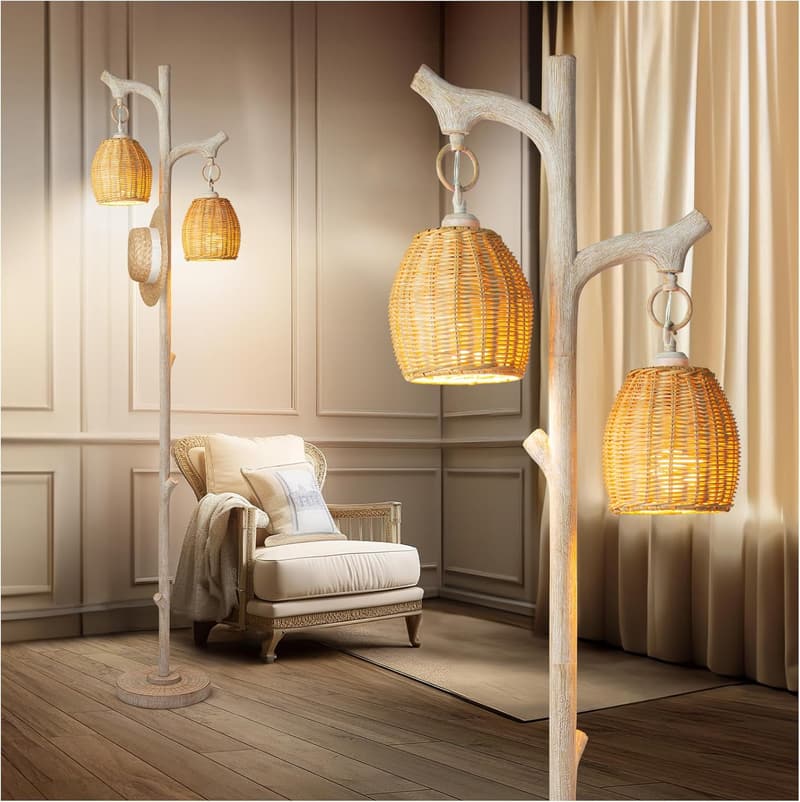 Rustic Farmhouse Floor Lamp with Wicker Shade for Home Decor