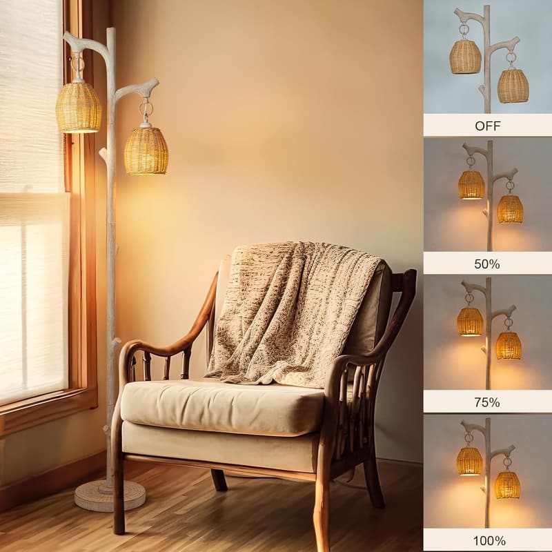 Rustic Farmhouse Floor Lamp with Wicker Shade for Home Decor