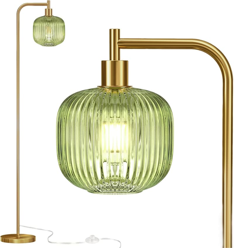 Modern Glass Floor Lamp with Ribbed Shade, 67” Tall, Gold