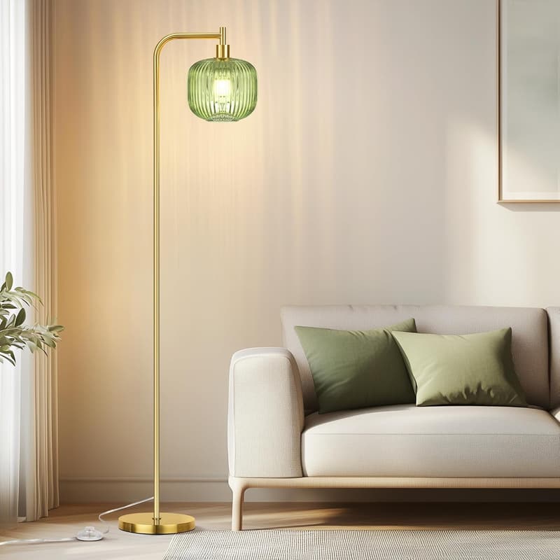 Modern Glass Floor Lamp with Ribbed Shade, 67” Tall, Gold