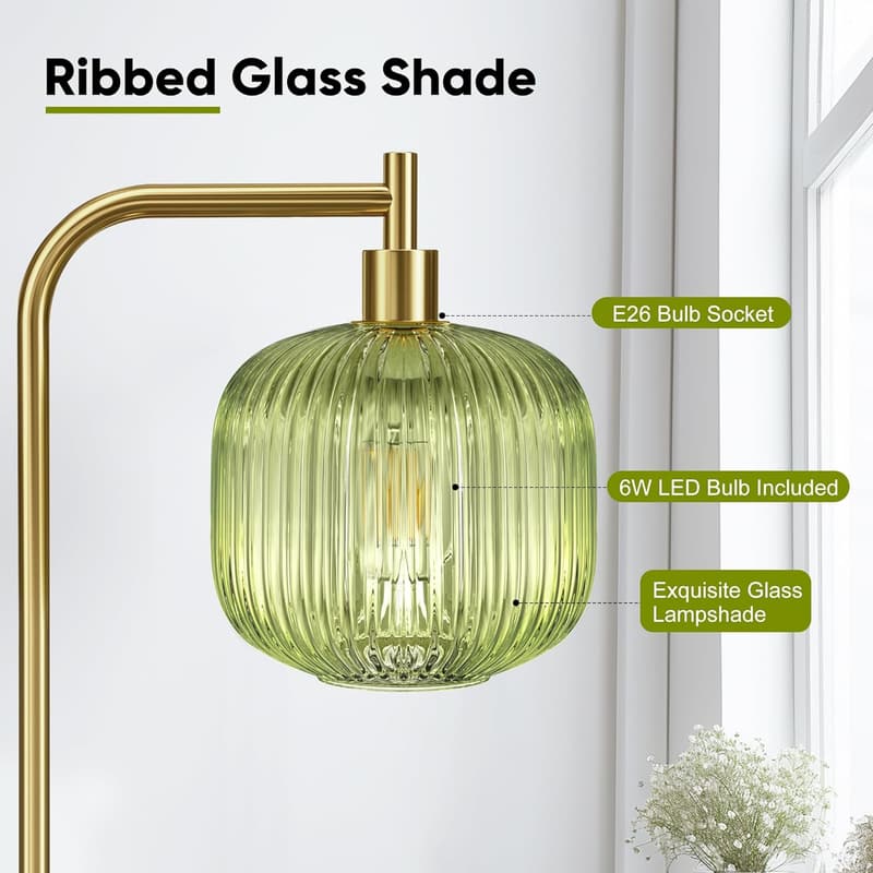 Modern Glass Floor Lamp with Ribbed Shade, 67” Tall, Gold