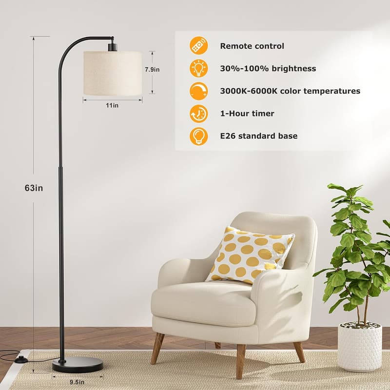 Dimmable Arc Floor Lamp with Remote, Adjustable Brightness