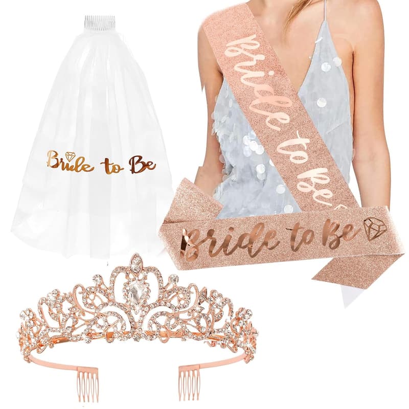 Bachelorette Party Rose Gold Crown & Veil Set