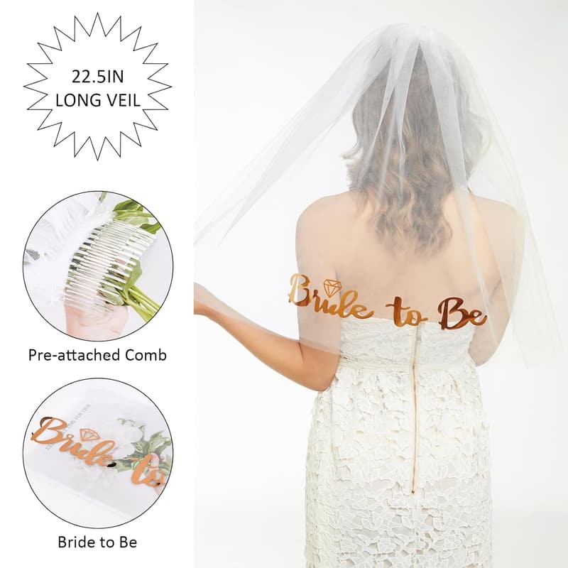 Bachelorette Party Rose Gold Crown & Veil Set
