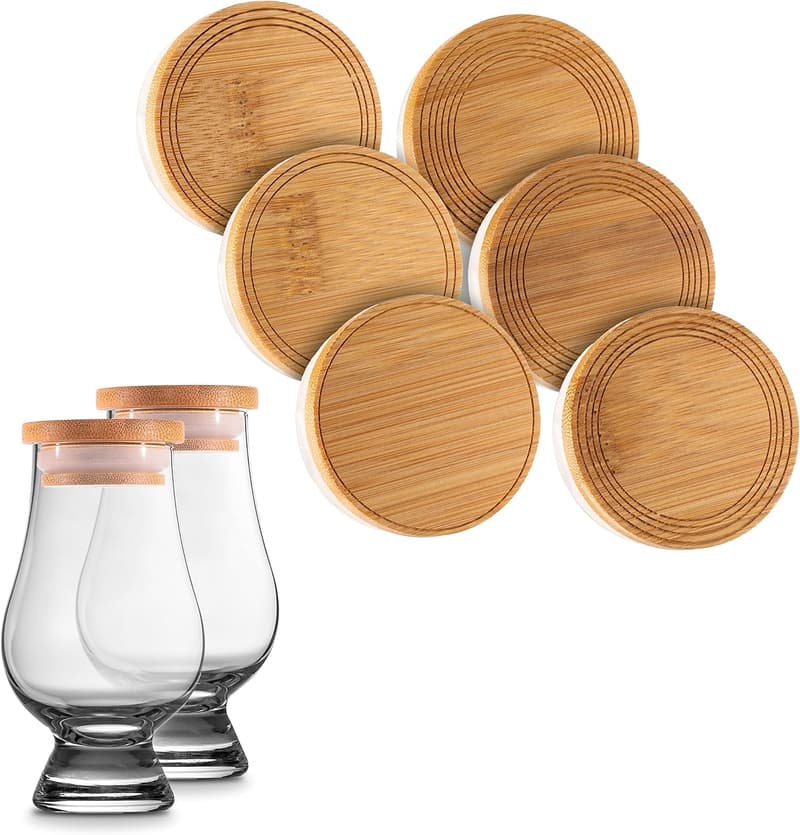 Whiskey Tasting Glass Lids - Set of 6 Bamboo Caps