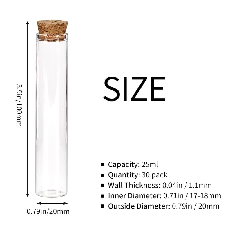30pcs Clear Glass Test Tubes with Cork Stoppers for Storage