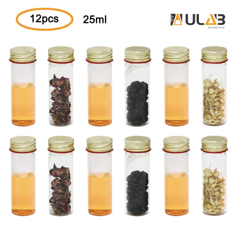 25ml Borosilicate Glass Sample Tubes with Screw Caps, Pack of 12