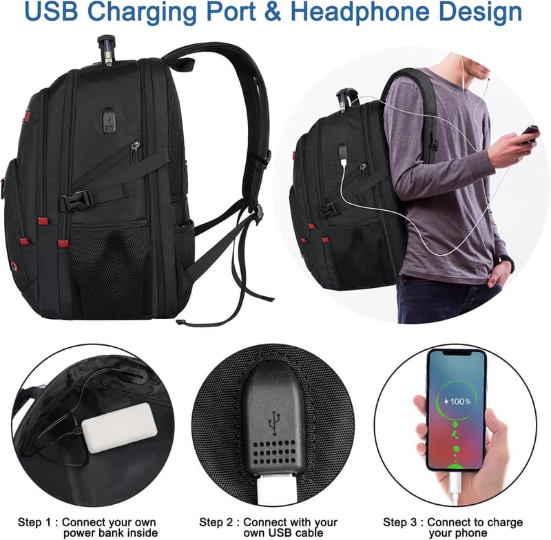 Extra Large 52L Travel Backpack with USB Port - Black