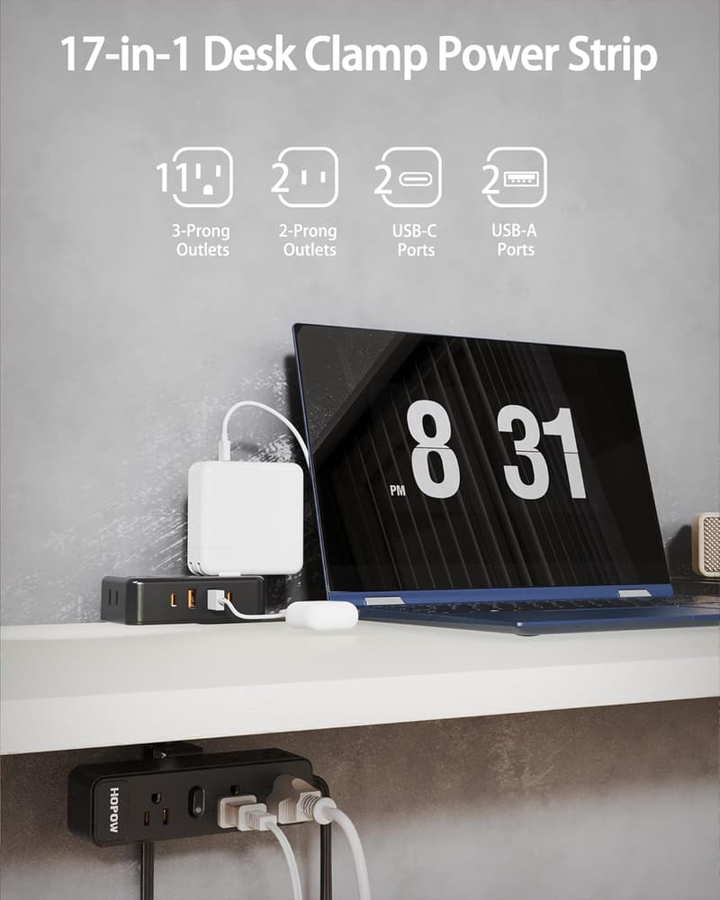 Desk Clamp Power Strip with 13 Outlets & 4 USB Ports