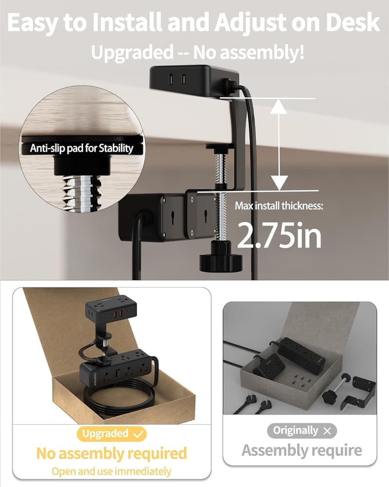 Desk Clamp Power Strip with 13 Outlets & 4 USB Ports