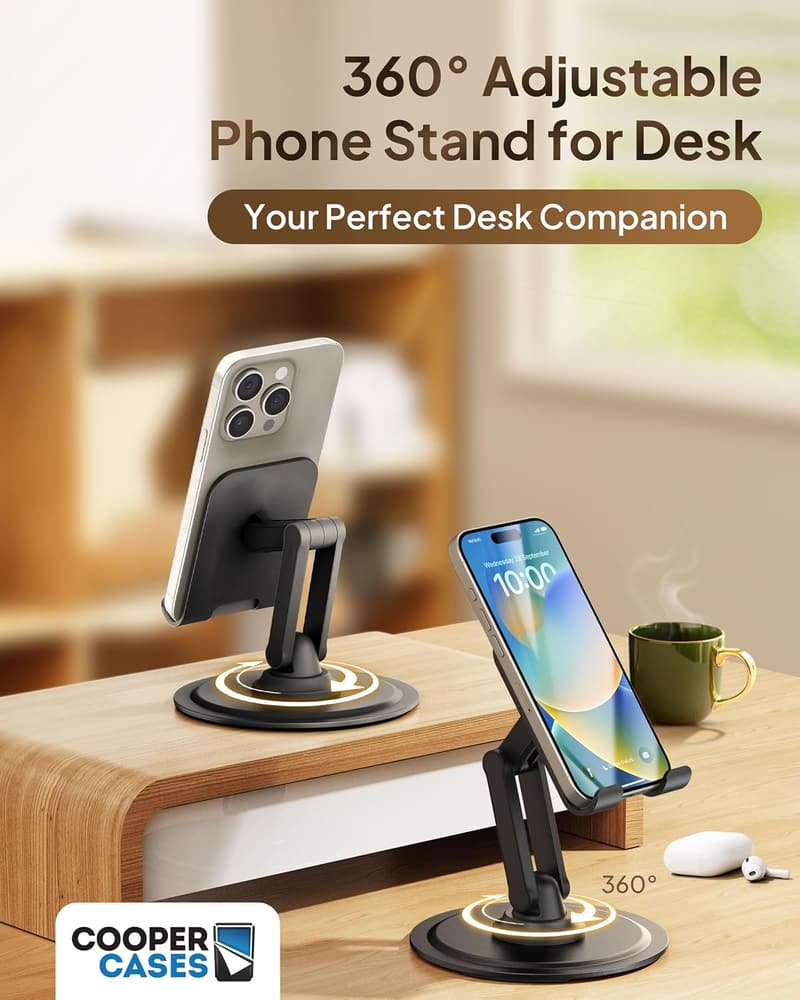 Rotating Cell Phone Stand for Desk - Sturdy & Portable Metal Holder