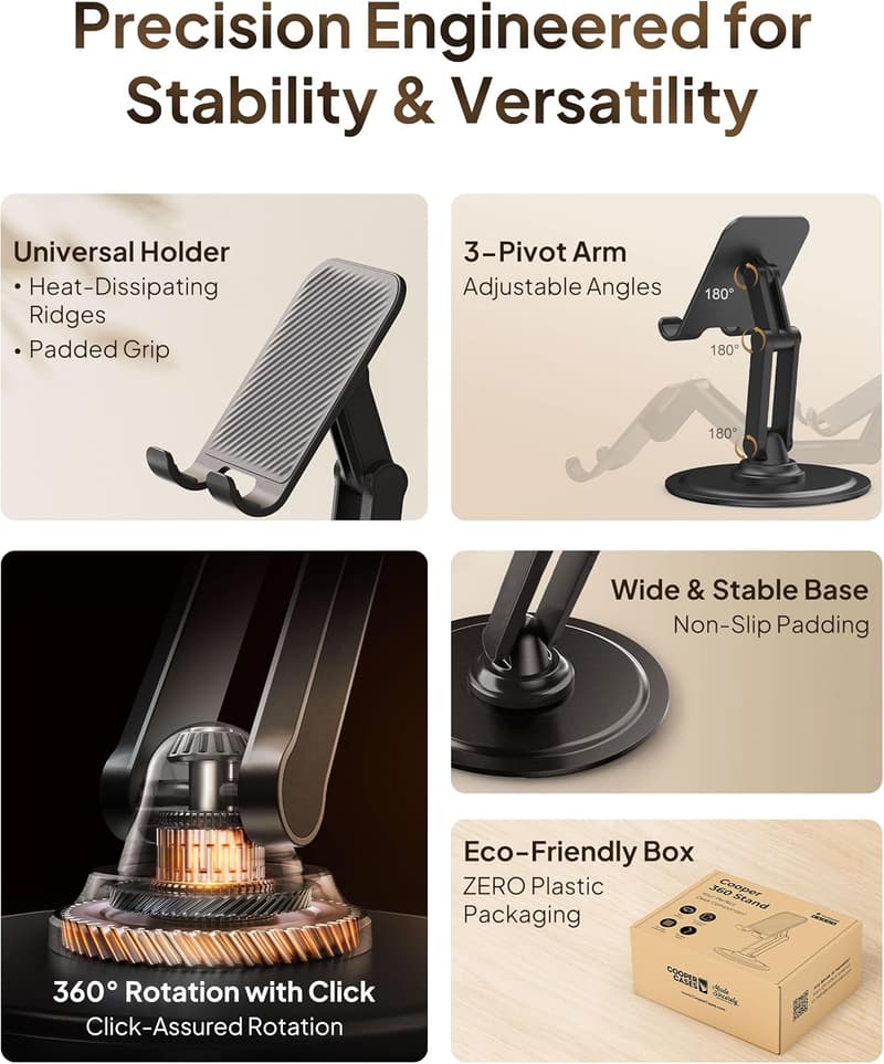 Rotating Cell Phone Stand for Desk - Sturdy & Portable Metal Holder