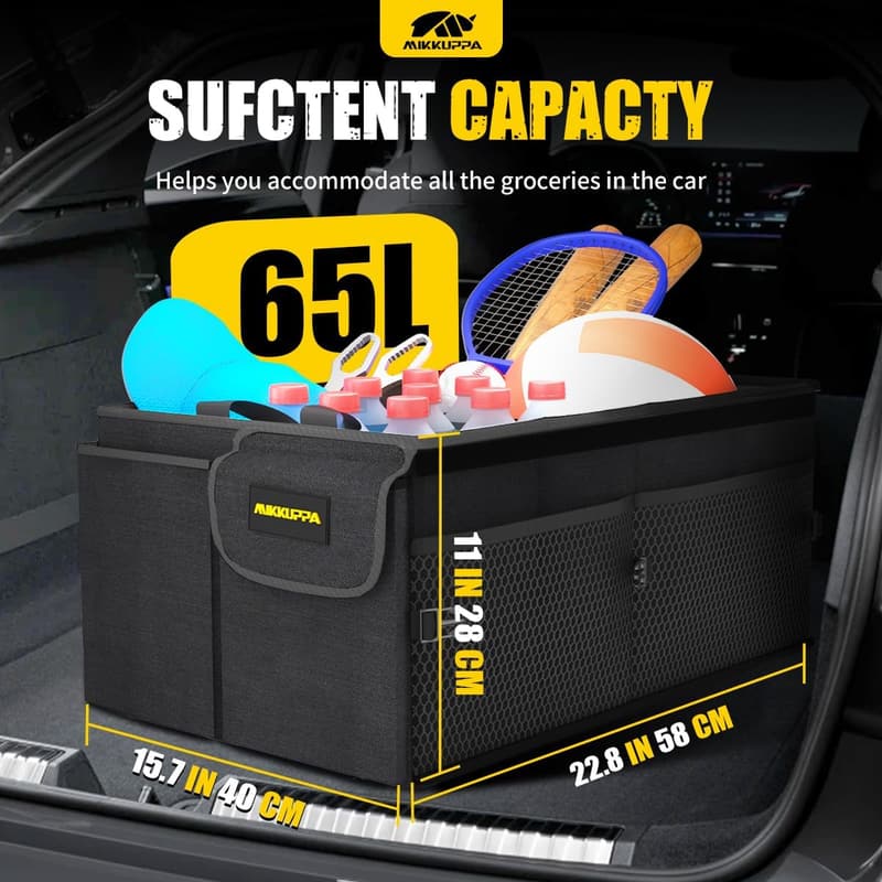 Collapsible Car Trunk Organizer - 65L with Lid and Adjustable Straps