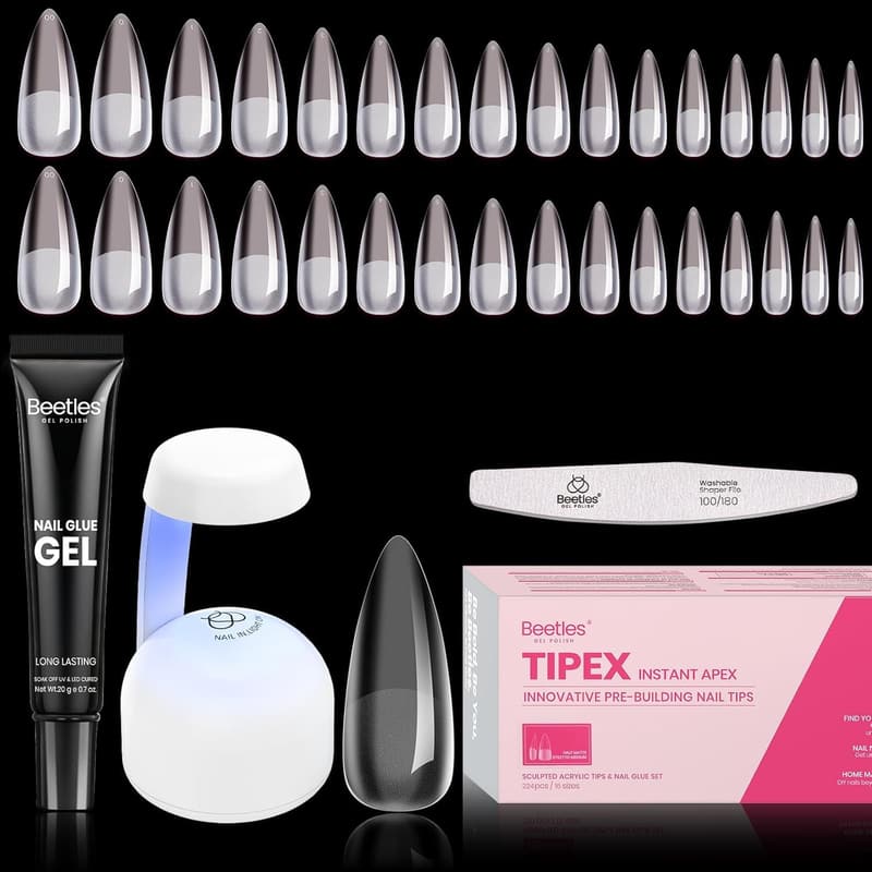Pre-Built Stiletto Nail Tips Kit with Glue & Mini Lamp