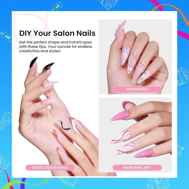 Pre-Built Stiletto Nail Tips Kit with Glue & Mini Lamp