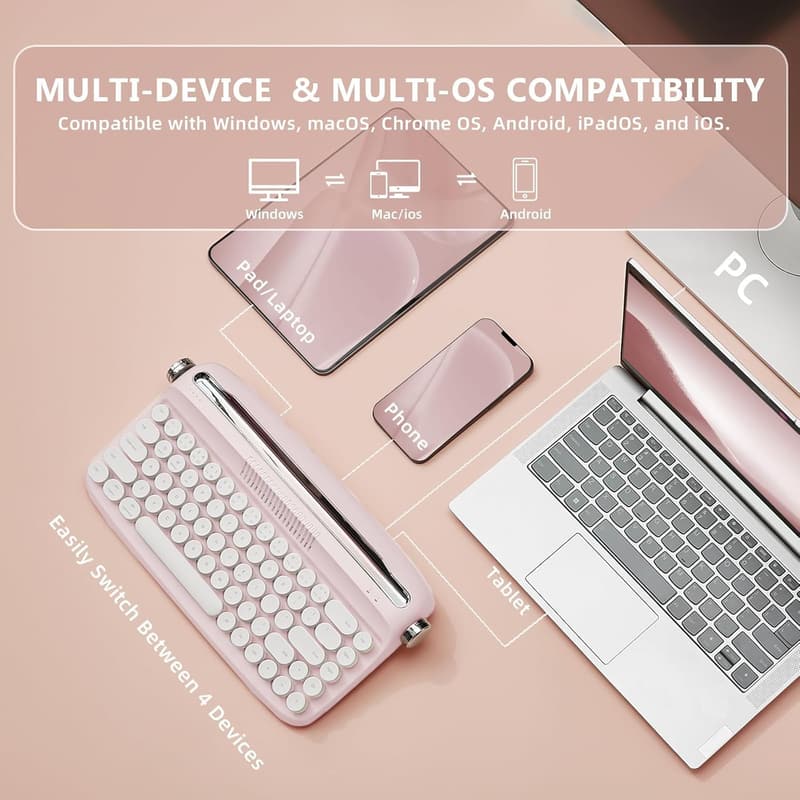 Retro Wireless Typewriter Keyboard with Cute Round Keycaps