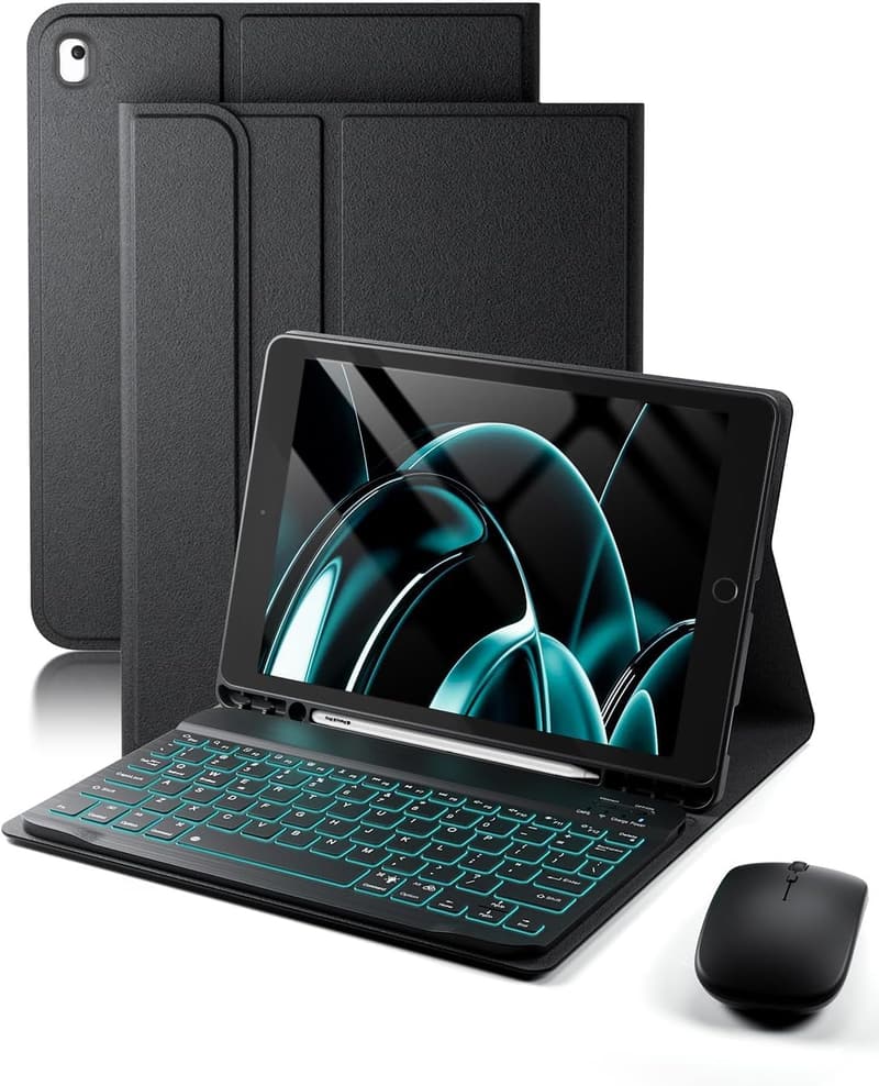 iPad Case with Keyboard, 7-Color Backlit and Pencil Holder (Black)