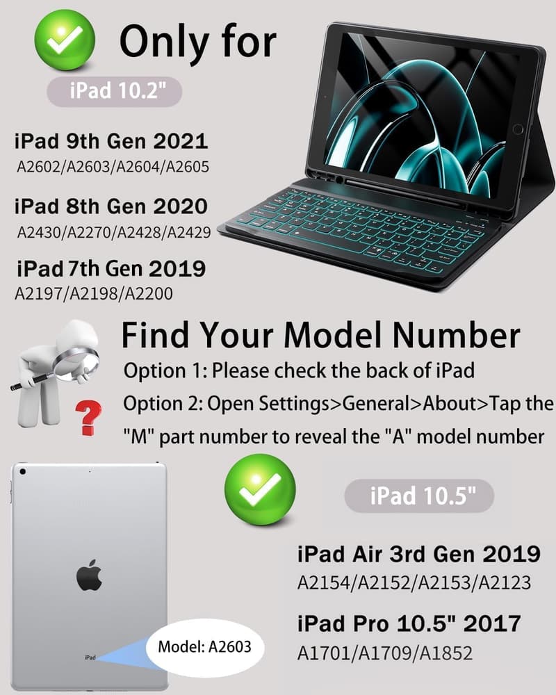 iPad Case with Keyboard, 7-Color Backlit and Pencil Holder (Black)