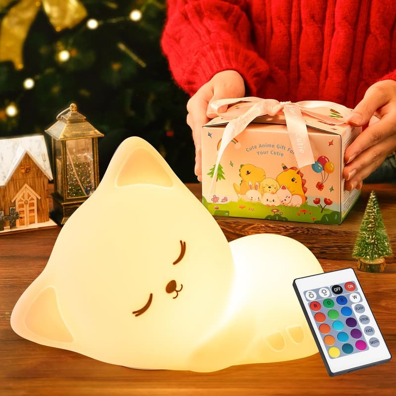 Dimmable Cat Night Light for Kids - 16 Colors, Fun Room Decor