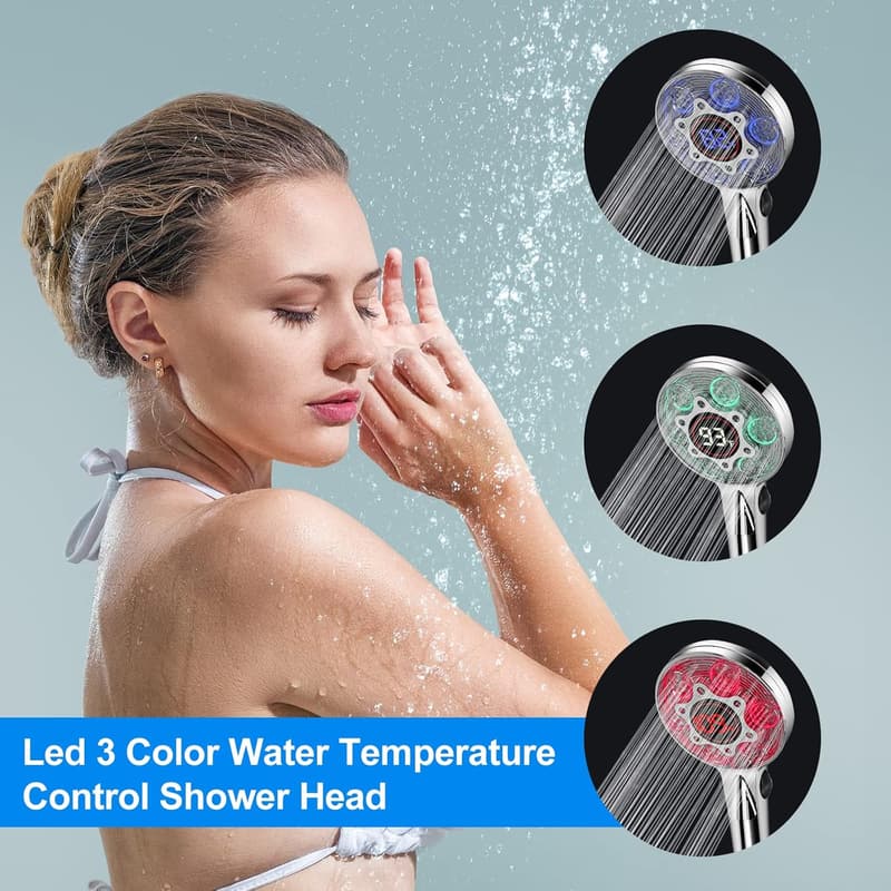 Color Changing LED Shower Head with Handheld and Temperature Display