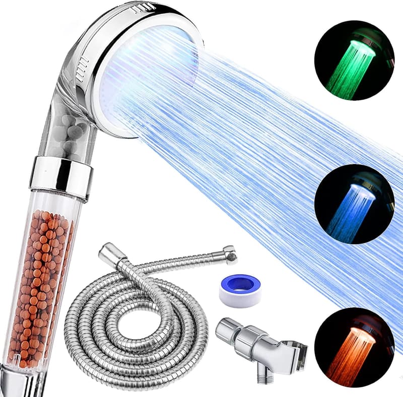 High-Pressure LED Shower Head with Hose & Temp Control