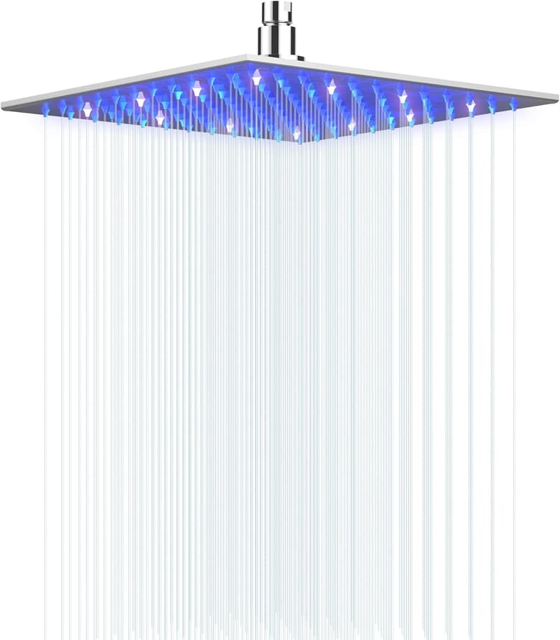 LED Shower Head - 12-Inch Square, 304 Stainless Steel, Color-Changing
