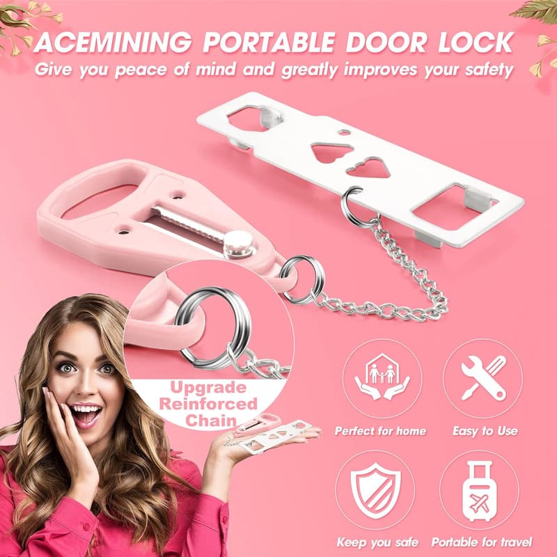 Portable Door Lock for Travel & Home Security - Pink