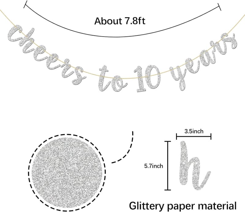 10th Anniversary Glitter Silver Banner Decoration