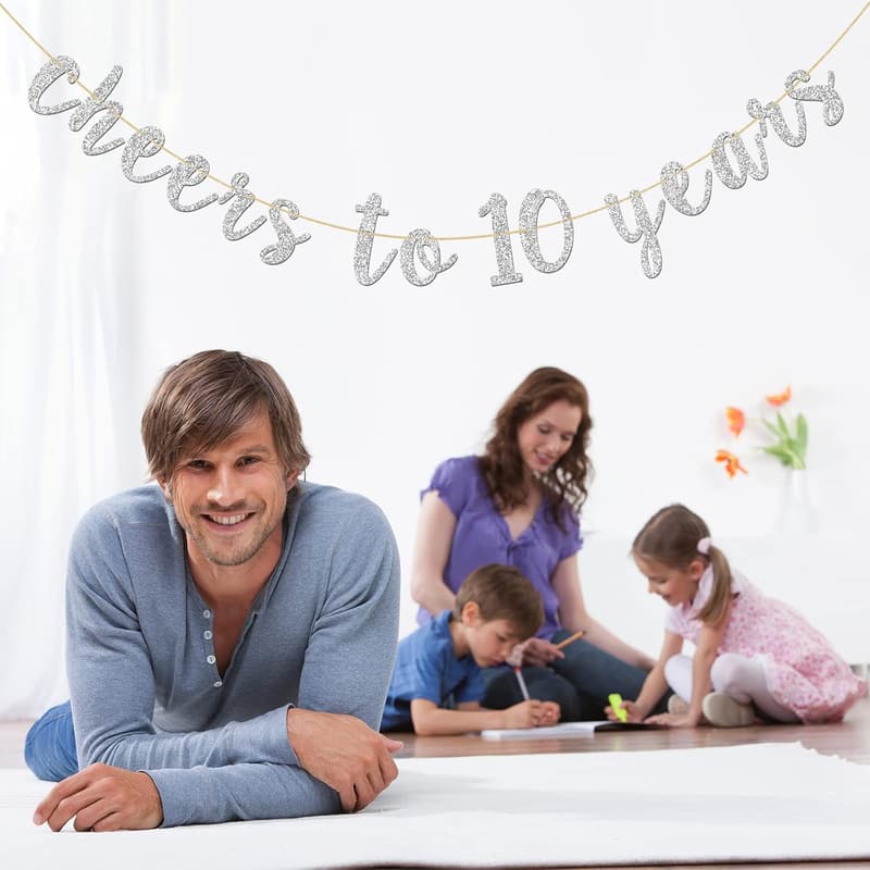 10th Anniversary Glitter Silver Banner Decoration