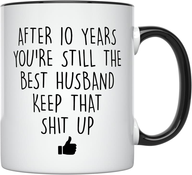 10th Anniversary Coffee Mug for Him, 11 oz, Black Handle