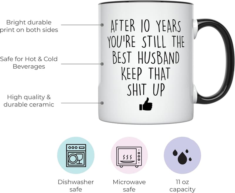 10th Anniversary Coffee Mug for Him, 11 oz, Black Handle