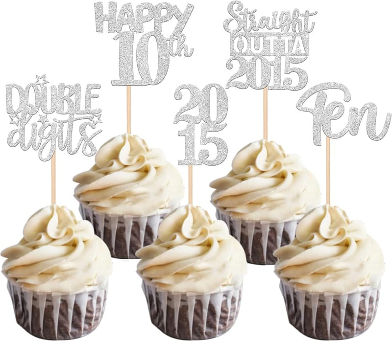 10th Birthday Cupcake Toppers - Glittery Silver Picks (30PCS)