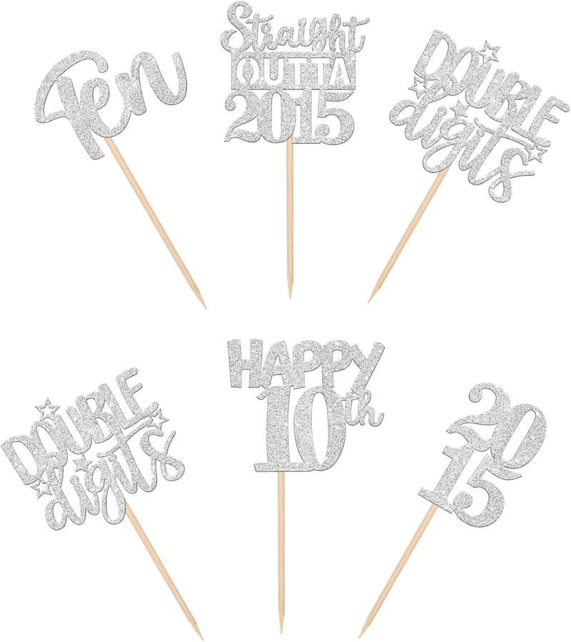 10th Birthday Cupcake Toppers - Glittery Silver Picks (30PCS)