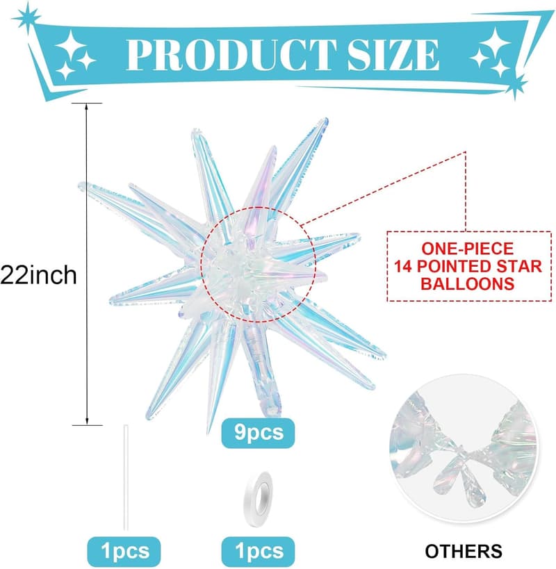 22-Inch Iridescent Star Balloons - 9-Piece Set for Parties