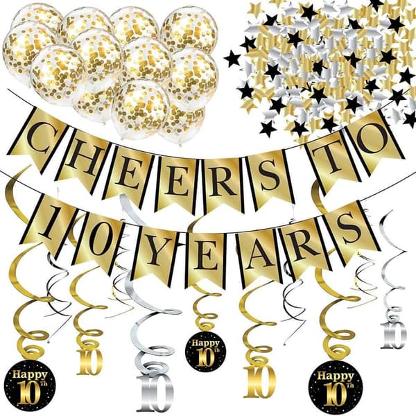 10th Anniversary Party Supplies - Banner, Balloons & Confetti