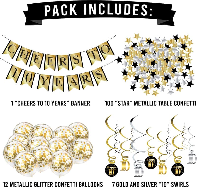 10th Anniversary Party Supplies - Banner, Balloons & Confetti