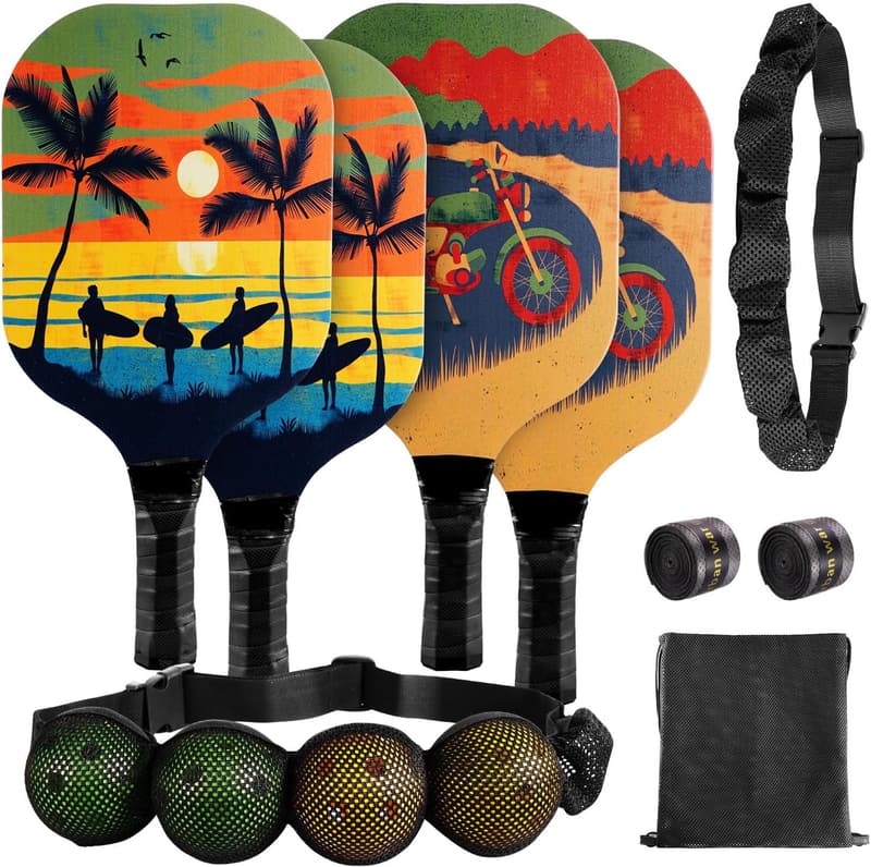 Pickleball Set for Beginners: 4 Basswood Paddles, 4 Balls, Carry Bag